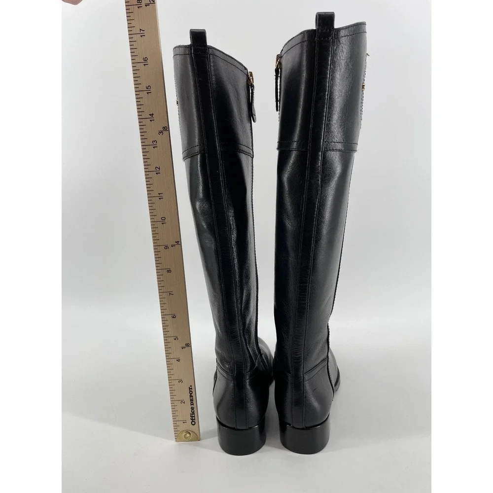 Tory Burch Riding Boots Womens 5M Black Leather Kiernan Gold Logo‎ Tall Zip